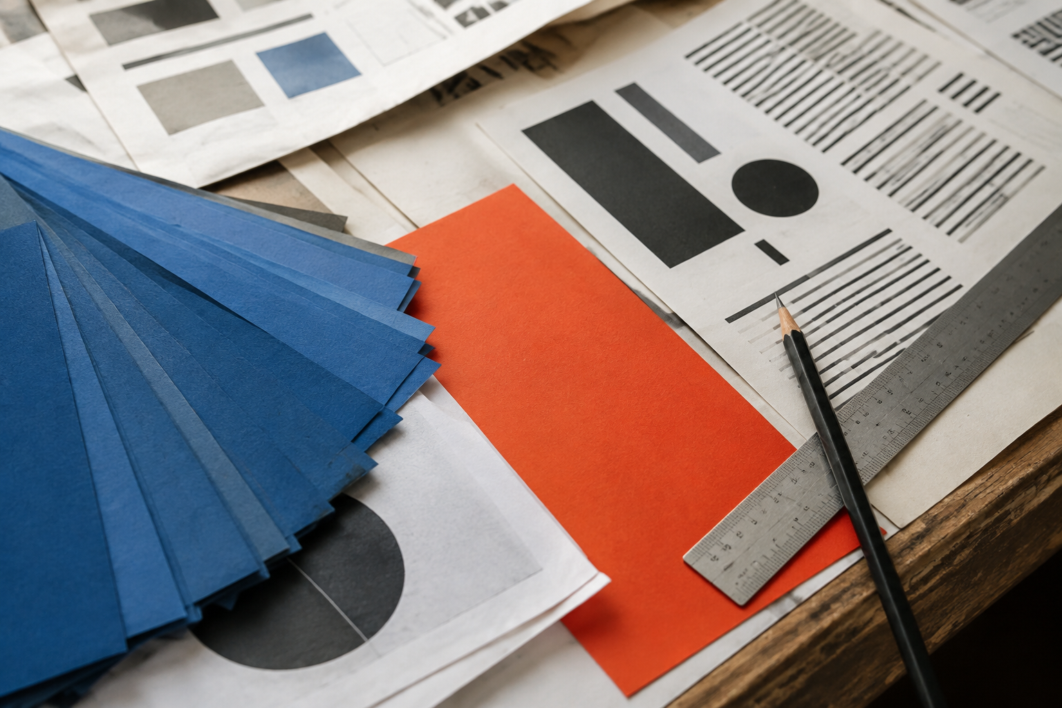 Gestalterischer Arbeitstisch mit farbigen Papiermustern, Typografie und Zeichenwerkzeug